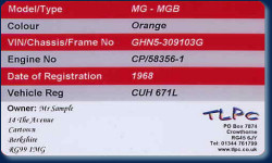 Vehicle ID Example (Reverse of card)